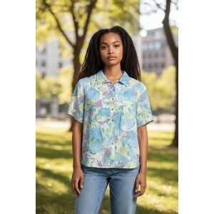 Allison Daley Womens Blue Floral Short Sleeve Button Down Shirt Size 14 Blouse